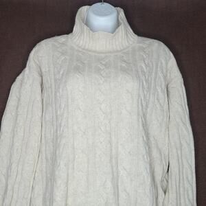 J. Jill Mock Neck Wool Blend Cable Knit Fisherman Sweater Pullover Beige sz L
